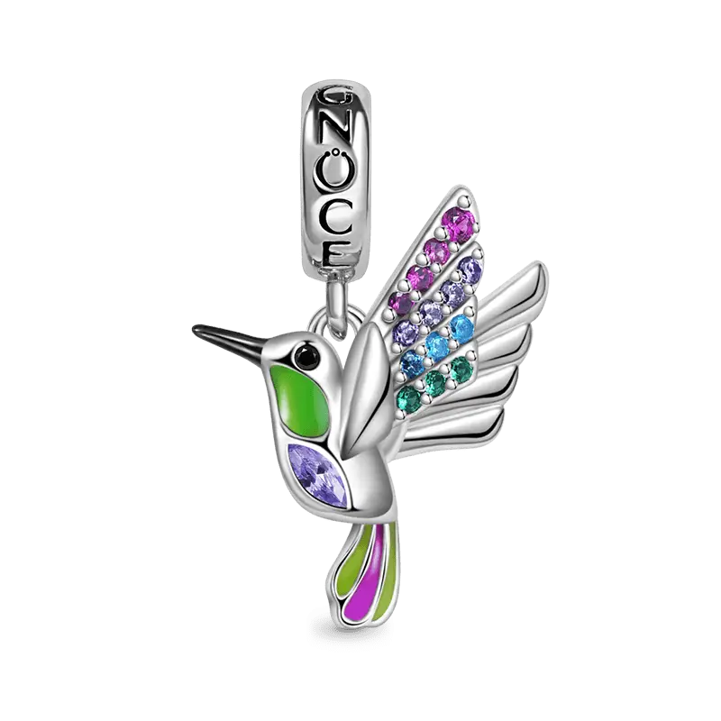 Hummingbird Pendant Dangle Charm 925 Sterling Silver Colorful Enamels and Gemstones Inlaid
