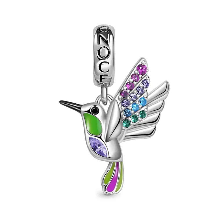 Hummingbird Pendant Dangle Charm 925 Sterling Silver Colorful Enamels and Gemstones Inlaid