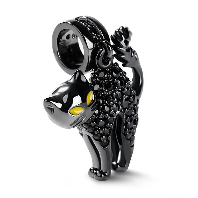 Naughty Black Cat Dangle Charm with Cz Stone 925 Sterling Silver Pendant for Bracelets/Necklaces