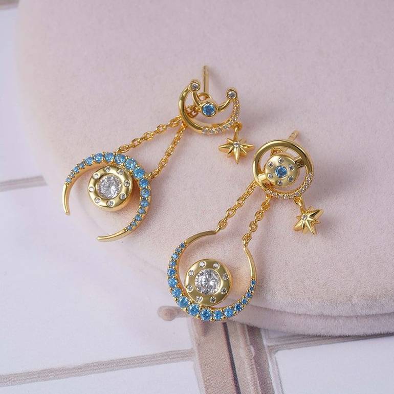 Star Moon Asymmetrical Pattern Dangle Earrings Inlaid with Colorful Gems Sterling Silver 18K Gold Plated