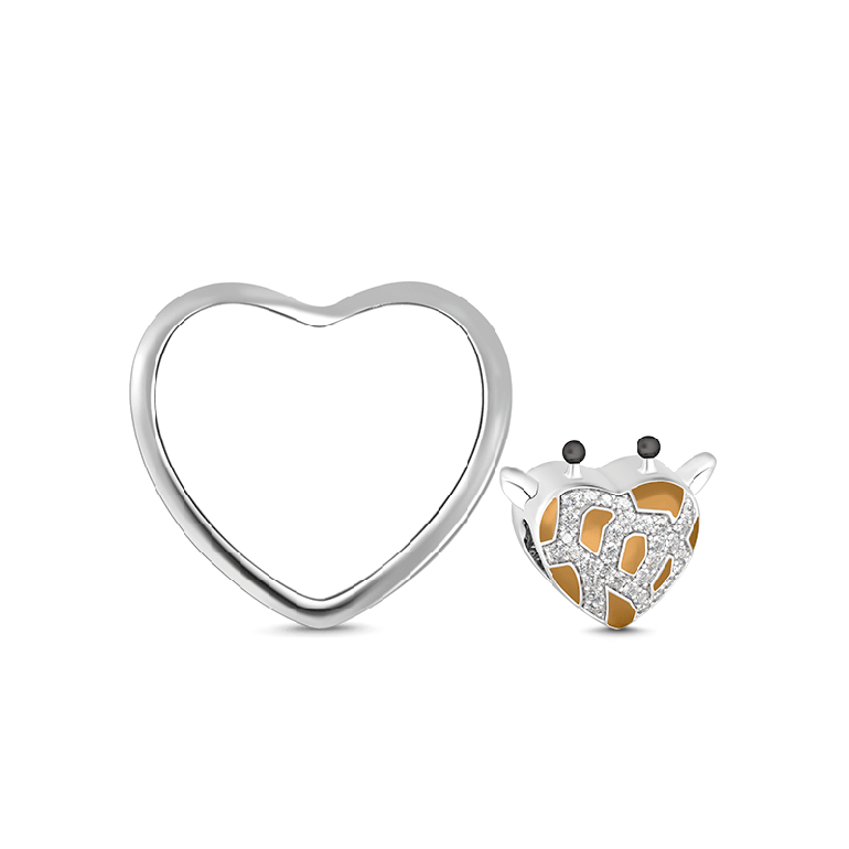 925 Sterling Silver Giraffe Animal Giraffe Heart Shape Photo Bead Charm