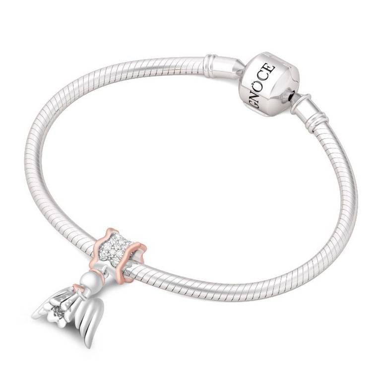 925 Sterling Silver Clear Stones with Lovely Heart Angel Dangle Charm Pendant