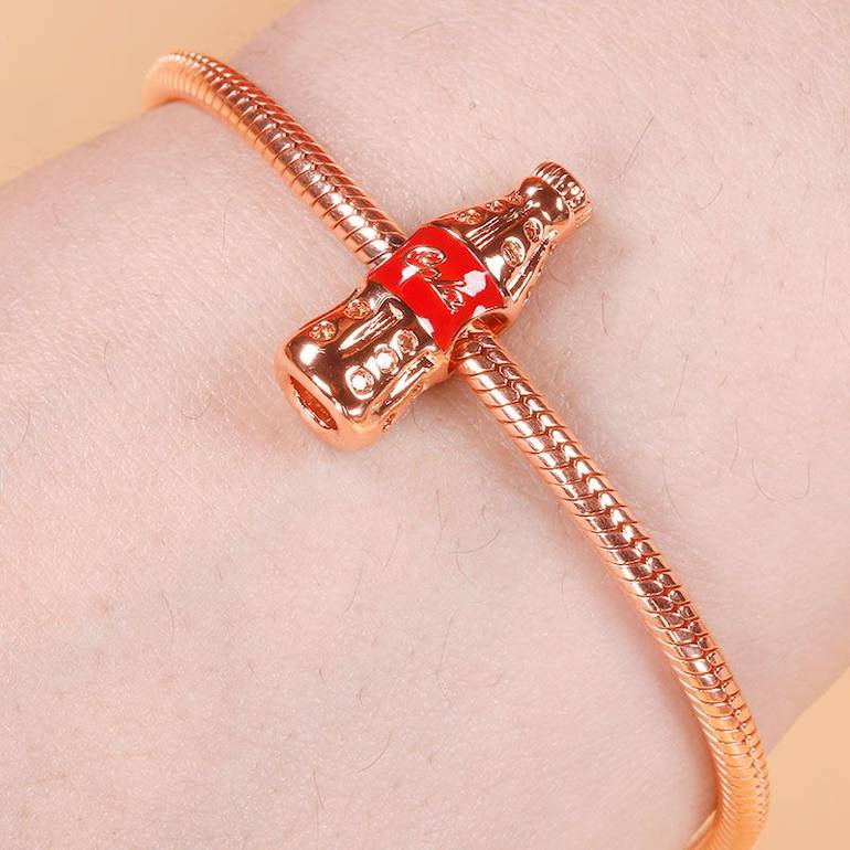 Cola Charm S925 Sterling Silver 18k Rose Gold Palted with Red CZ Stone Fit Bracelets