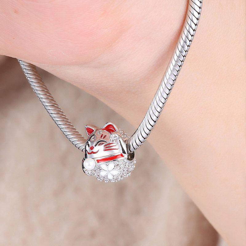 Lucky Cat Charm 925 Sterling Silver Bead Fit Bracelets