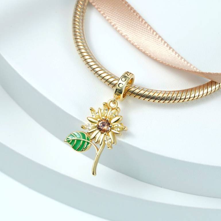 Sunflower Pendant Dangle Charm 925 Sterling Silver 18K Gold Plated Green Enamel Leaf CZ Stone Inlay