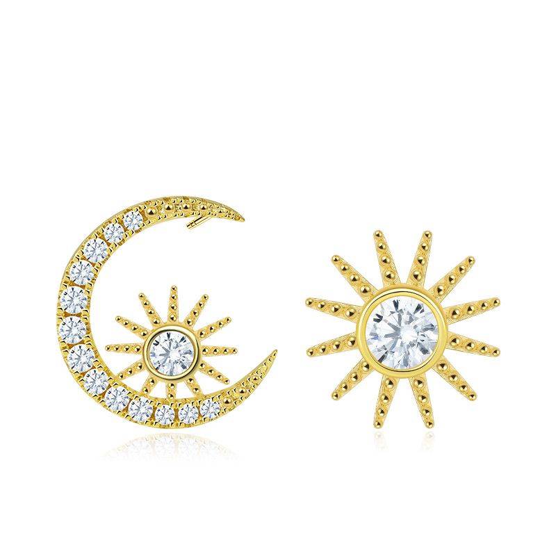 Asymmetry Star Moon Stud Earrings 18k Gold Plated S925 Silver