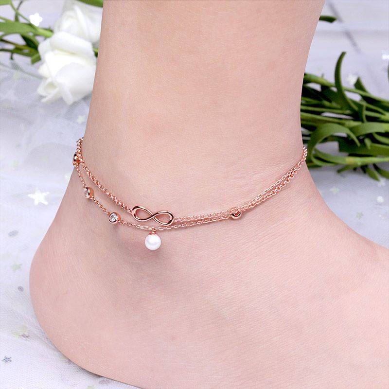 Gnoce Pearl Infinity Anklet 18K Rose Gold Plated S925 Silver Ornaments of Precious Metal