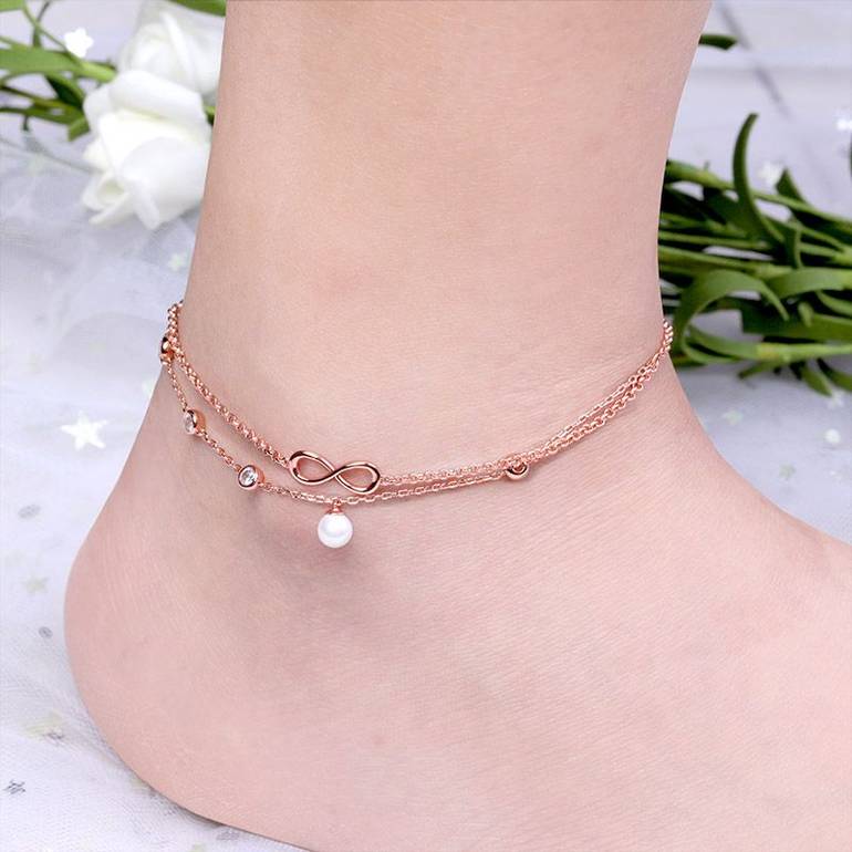 Gnoce Pearl Infinity Anklet 18K Rose Gold Plated S925 Silver Ornaments of Precious Metal