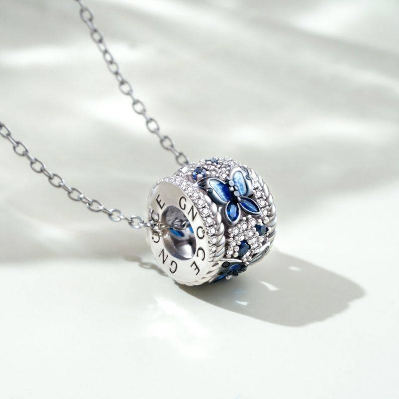 Gnoce Blue Butterfly Drum Pendant Necklaces