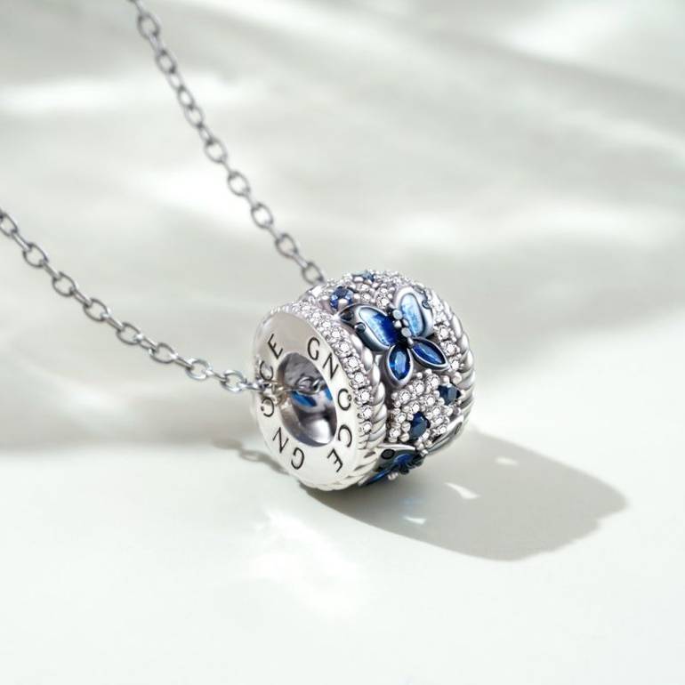 Gnoce Blue Butterfly Drum Pendant Necklaces