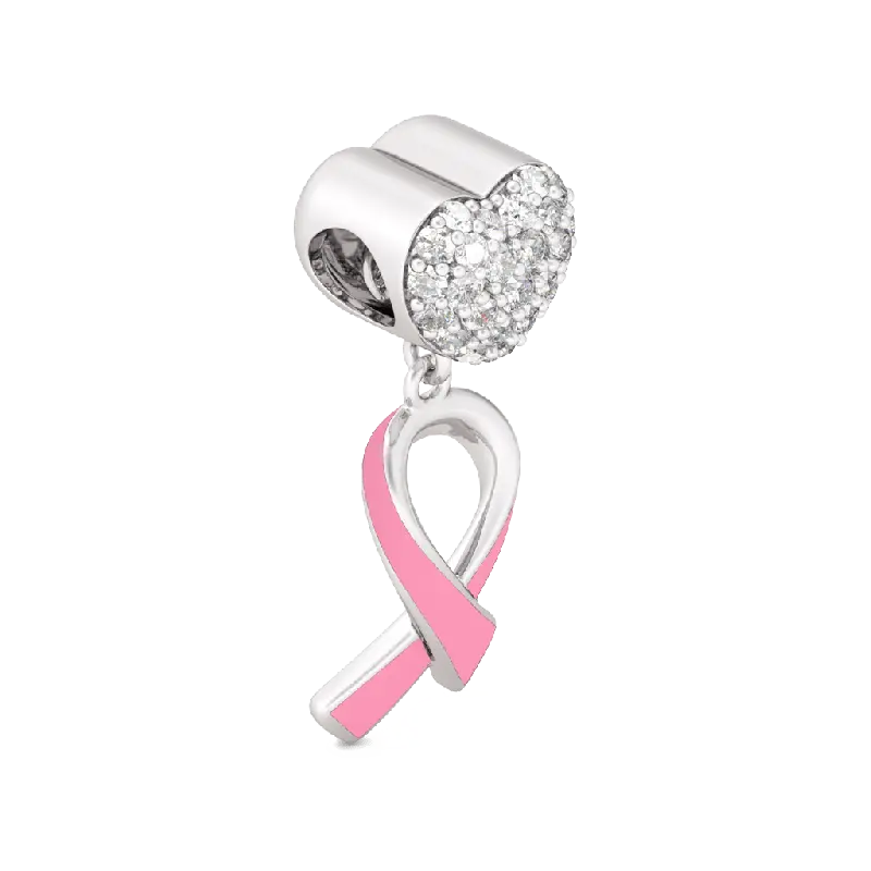 Breast Cancer Awareness Charm 925 Sterling Silver Pink Enamel Ribbon