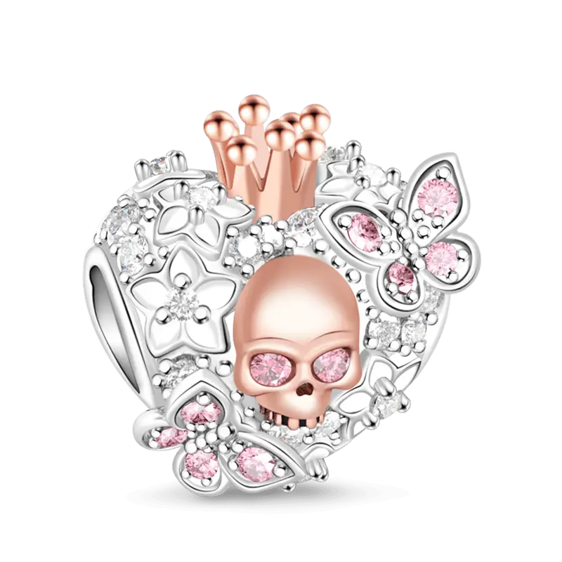 925 Sterling Silver Skull Queen with Pink CZ Stones of Butterfly Charm