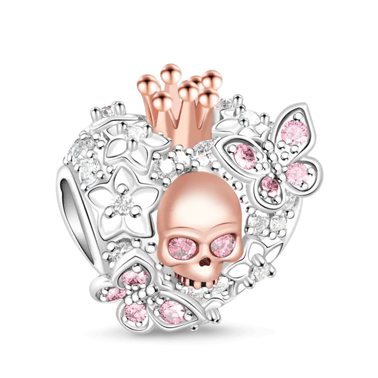 925 Sterling Silver Skull Queen with Pink CZ Stones of Butterfly Charm