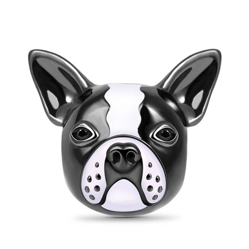 Bulldog Charm Sterling Silver Bead White and Black Enameled fit Bracelets