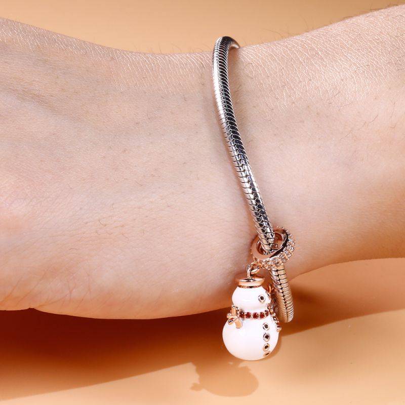 Snowman Pendant 925 Sterling Silver Charm 18K Rose Gold Plated Christmas fit Bracelets/Necklaces