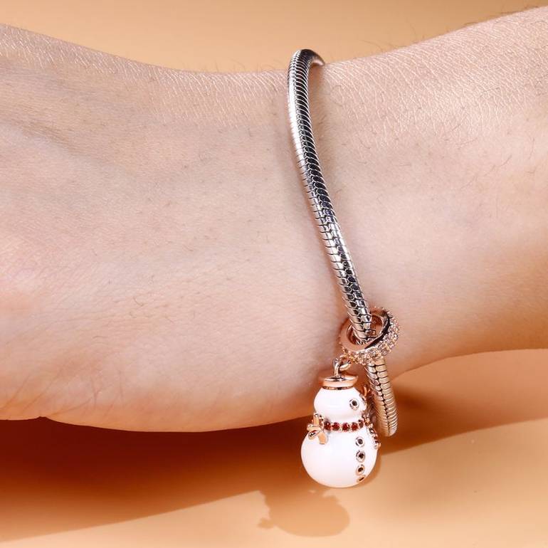 Snowman Pendant 925 Sterling Silver Charm 18K Rose Gold Plated Christmas fit Bracelets/Necklaces