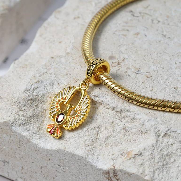 Golden Phoenix Pendant Dangle Charm Sterling Silver 18k Gold Plated inlaid with Oval Cut Ruby