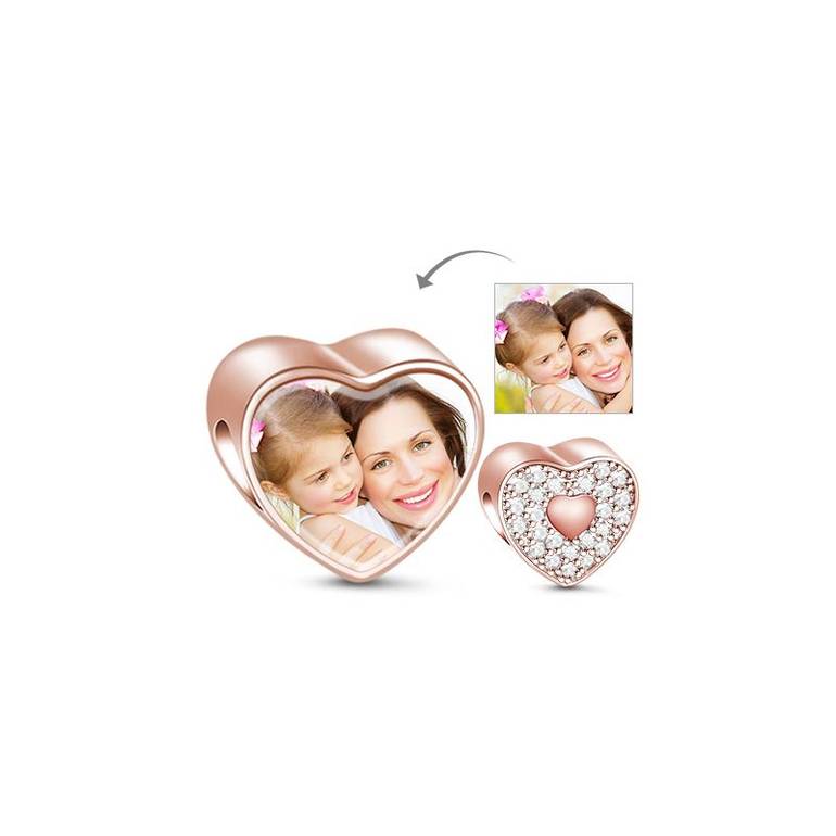 Personalized Sparkling 18k Rose Gold Plated Heart Photo Charm Fit Necklaces or Bracelets