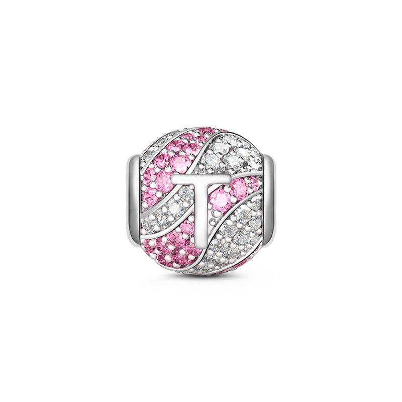 Letter T Charm with Aquamarine & Clear CZ 925 Sterling Silver