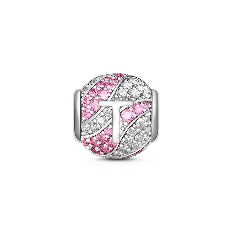 Letter T Charm with Aquamarine & Clear CZ 925 Sterling Silver