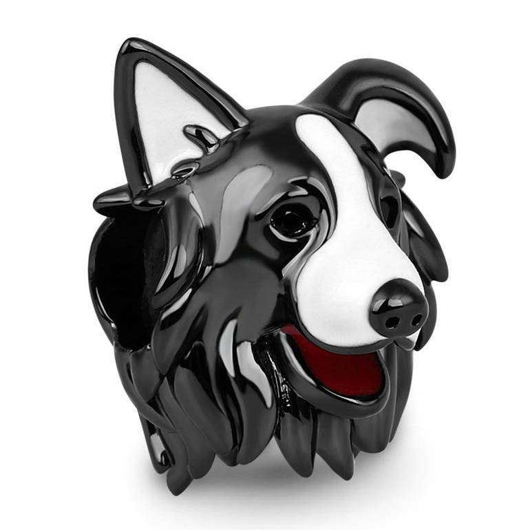 Black White Border Collie Dog Charm Bead 925 Sterling Silver