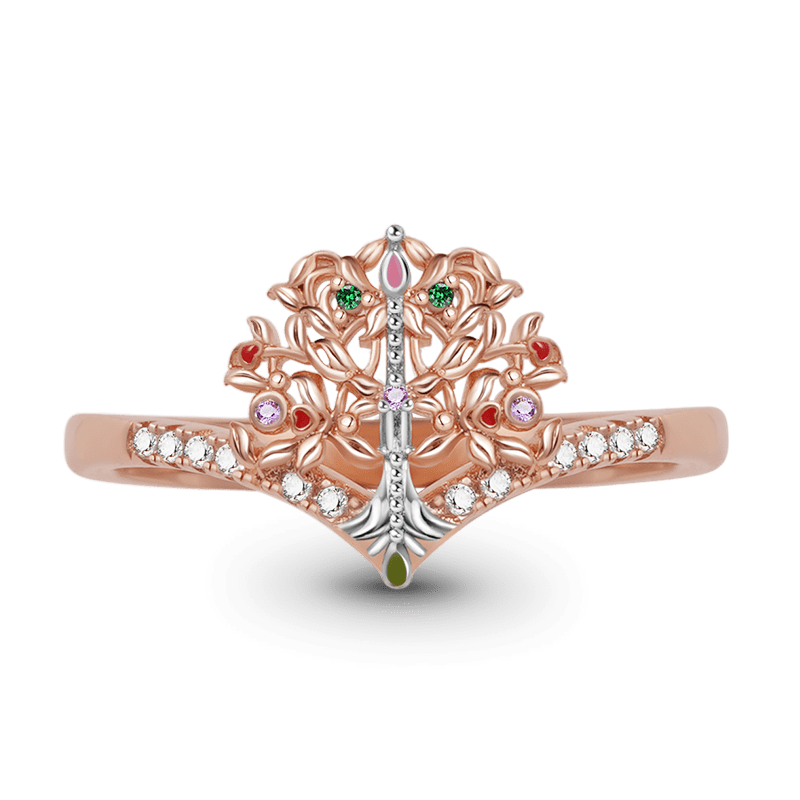 Tree of Life V Ring Sterling Silver 18K Rose Gold Plated Inlaid with Colorful Gemstones