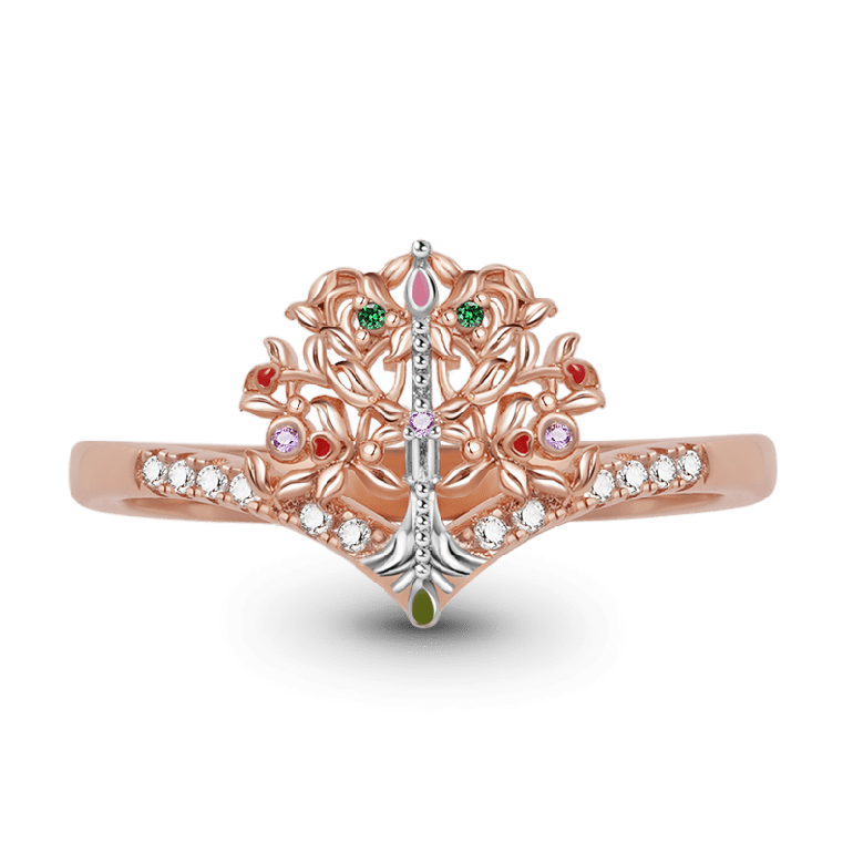 Tree of Life V Ring Sterling Silver 18K Rose Gold Plated Inlaid with Colorful Gemstones