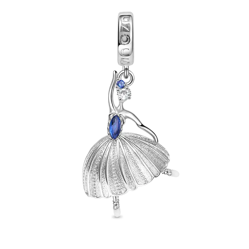 Ballet Pendant Dangle Charm 925 Sterling Silver Inlaid with Blue Gemstones