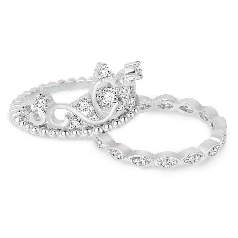 Princess Crown Stackable Ring Sterling Silver With Crystal Stones 3 Pieces Set