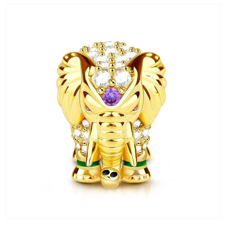 Thai Elephant Charm 18k Gold Plated Bead with Cz Sterling Silver