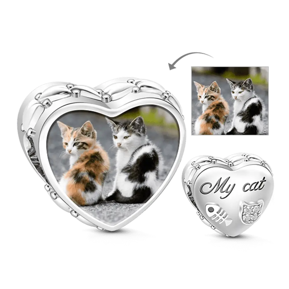 925 Sterling Silver heart Cute Animal Cat Photo Charm Bead
