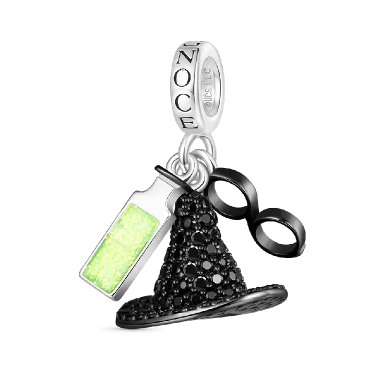 Gnoce Wicked Elphaba Black Hat & Glasses & Bottle Triple Pendant Dangle Charm
