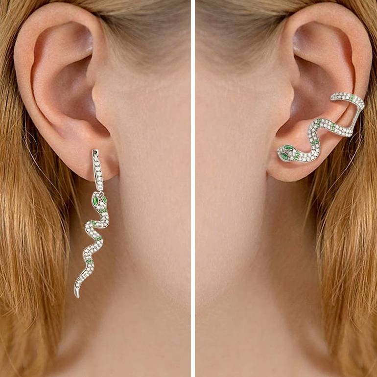 Green Eye Snake Crystal Earrings S925 Sterling Silver