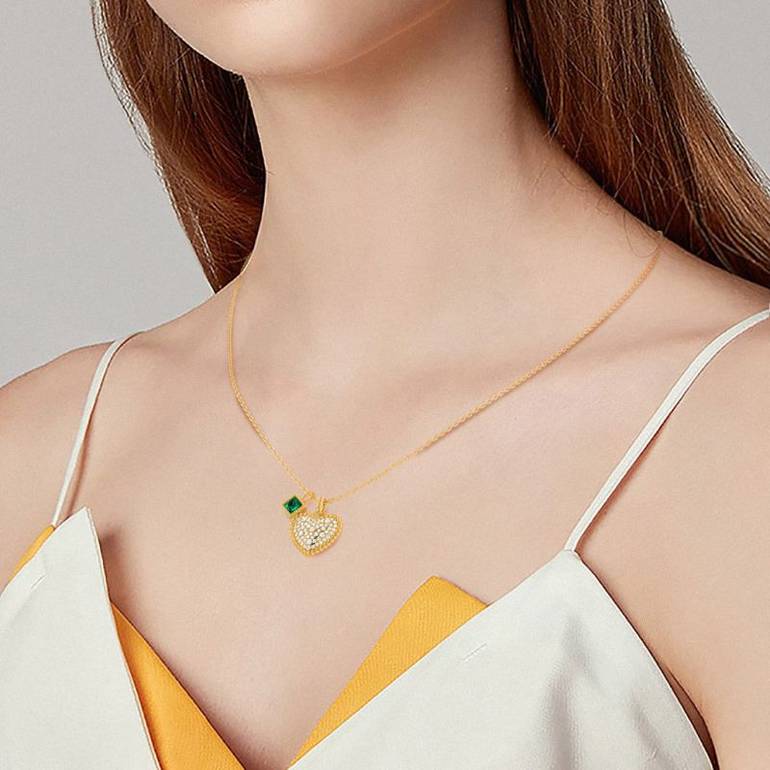 Gnoce Paved Heart & Emerald Princess Gemstone Twisted Rope Pendants Necklaces