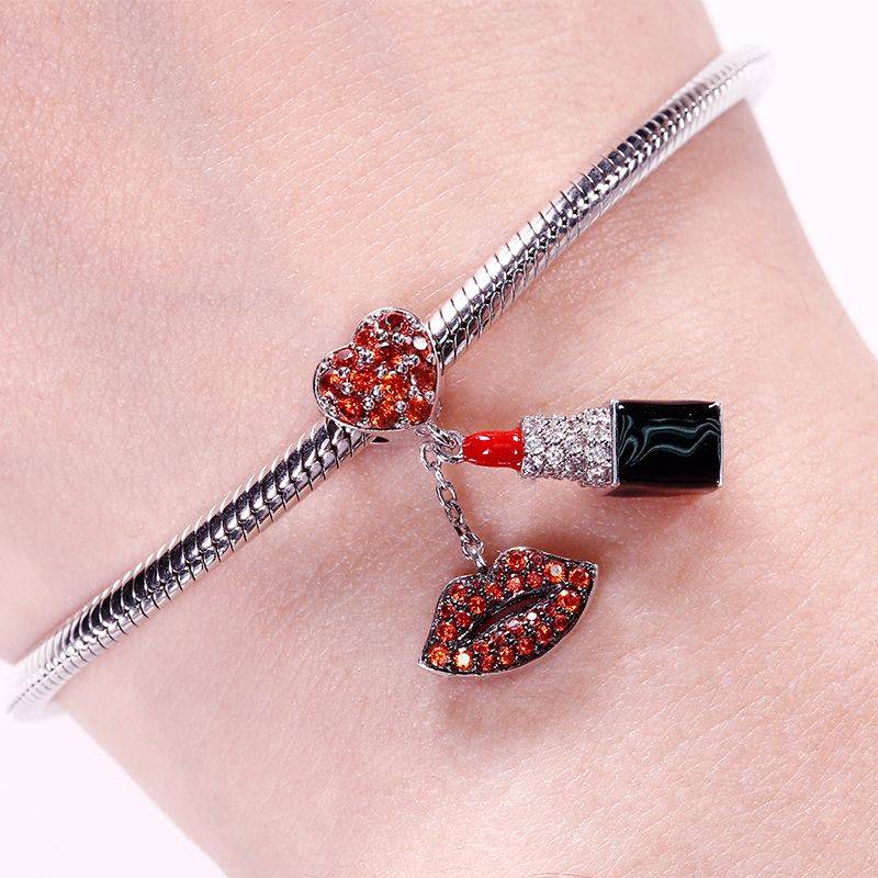 Red Stone Lipstick Charm WIth Red lips 925 Sterling Silver Pendant