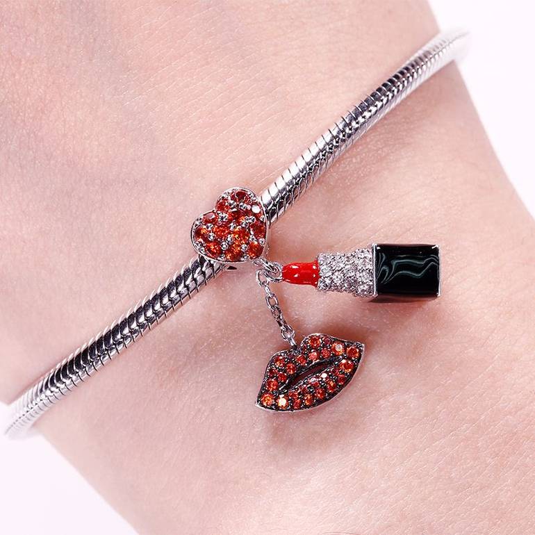 Red Stone Lipstick Charm WIth Red lips 925 Sterling Silver Pendant