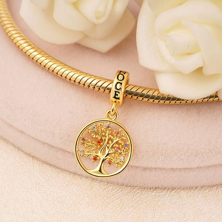 Tree of Life Pendant Dangle Charm Sterling Silver 18k Gold Plated inlaid with Multicolour Stones