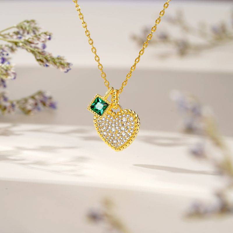 Gnoce Paved Heart & Emerald Princess Gemstone Twisted Rope Pendants Necklaces