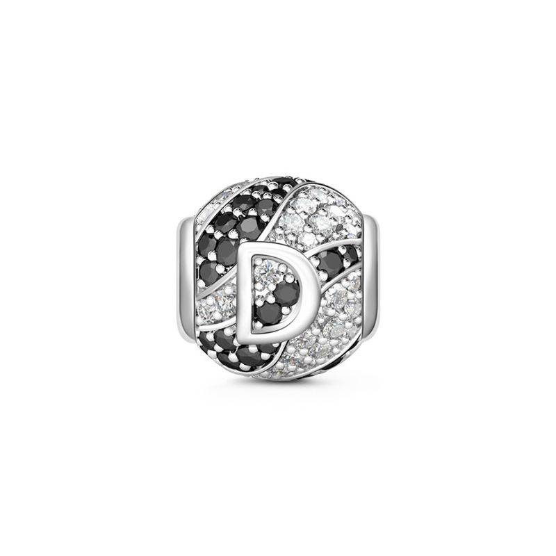 Letter D Charm with Black & Clear CZ 925 Sterling Silver