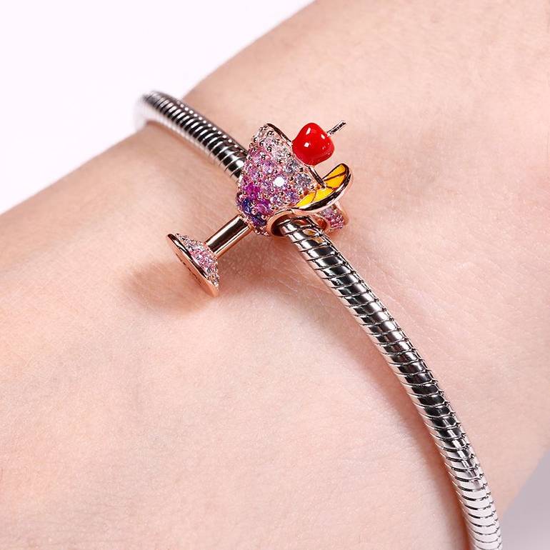 Cocktail with Cherry and Lemon Slice Charm 18k Rose Gold Plated