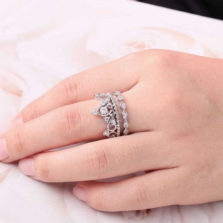 Princess Crown Stackable Ring Sterling Silver With Crystal Stones 3 Pieces Set