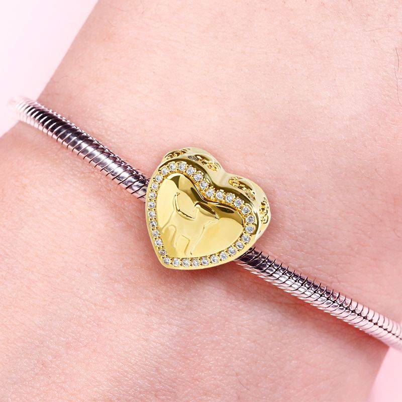 Heart Shaped Puppy Photo Charm 18k Gold Plated White Stone 925 Sterling Silver