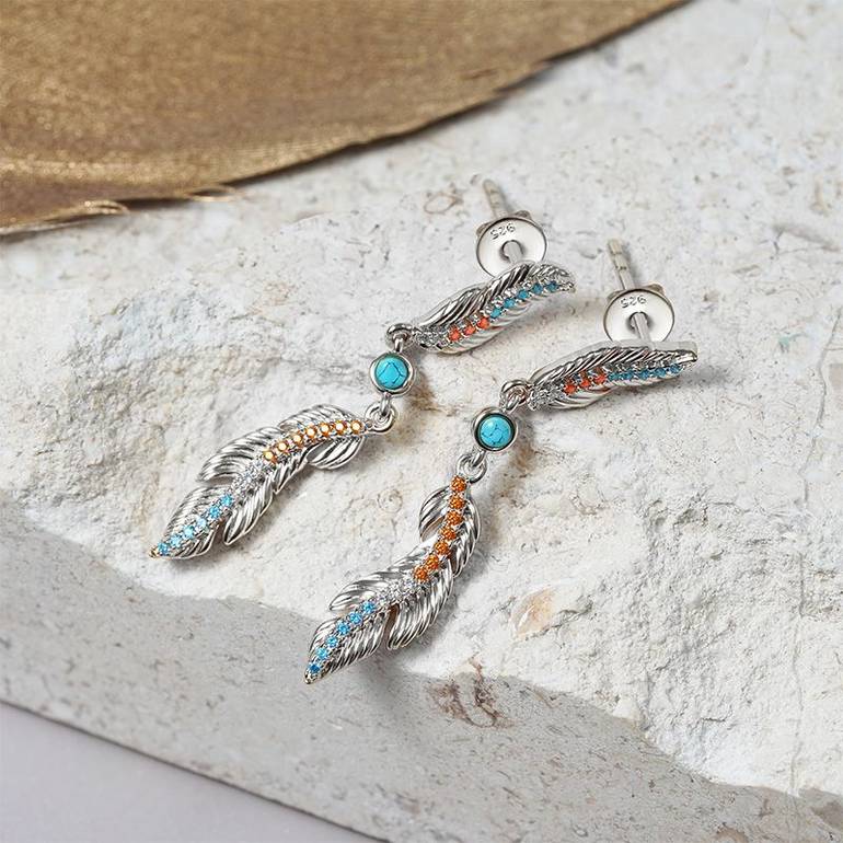 Feather Earrings Sterling Silver inlaid with Turquoise and Stones