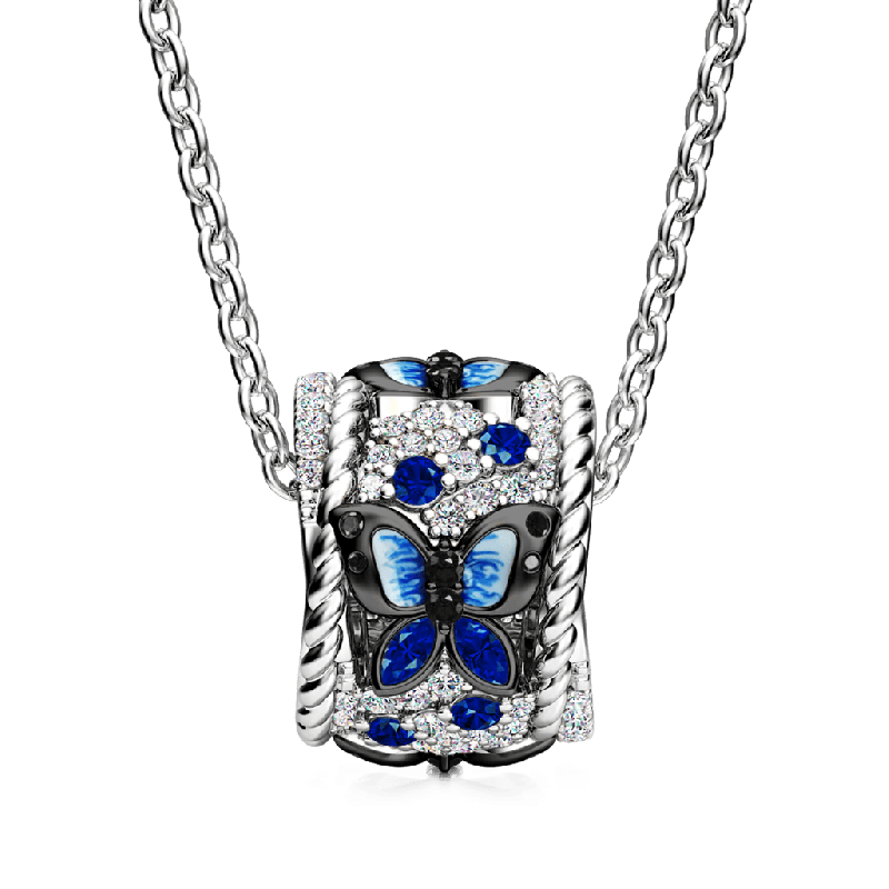Gnoce Blue Butterfly Drum Pendant Necklaces