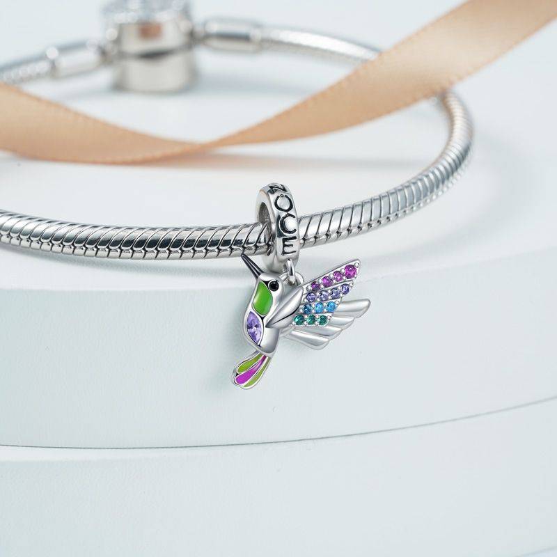 Hummingbird Pendant Dangle Charm 925 Sterling Silver Colorful Enamels and Gemstones Inlaid