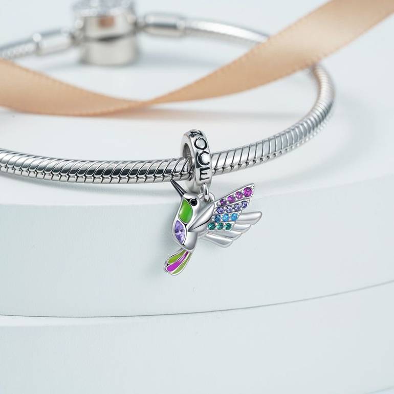 Hummingbird Pendant Dangle Charm 925 Sterling Silver Colorful Enamels and Gemstones Inlaid