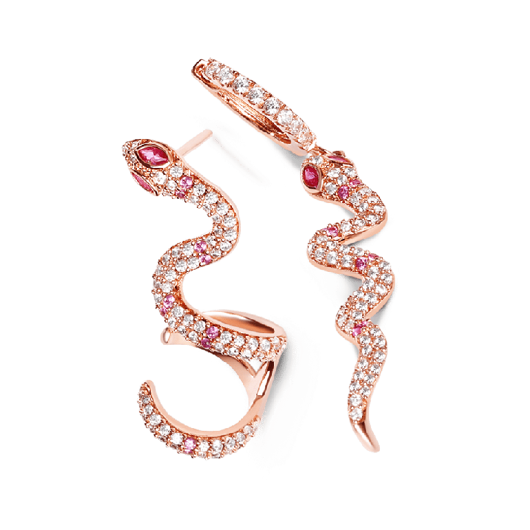 Pink Snake Earrings with Clear CZ Stones S925 Silver