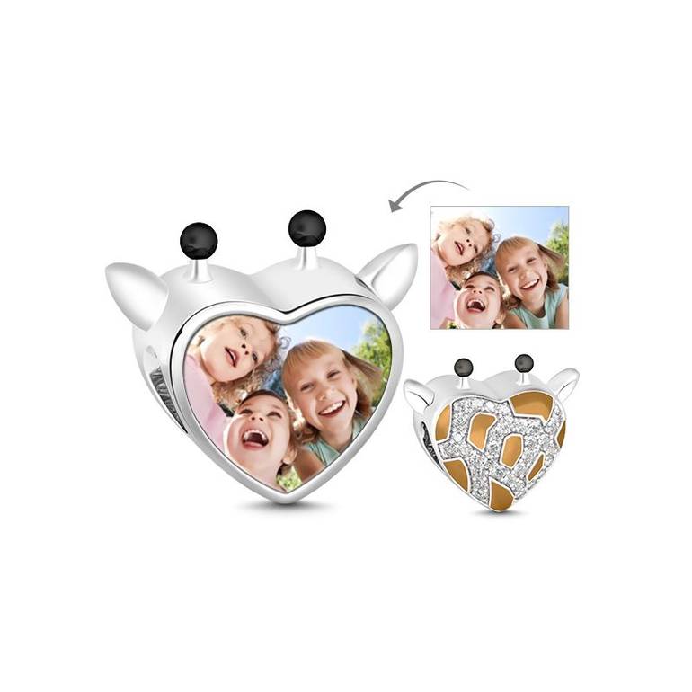 925 Sterling Silver Giraffe Animal Giraffe Heart Shape Photo Bead Charm