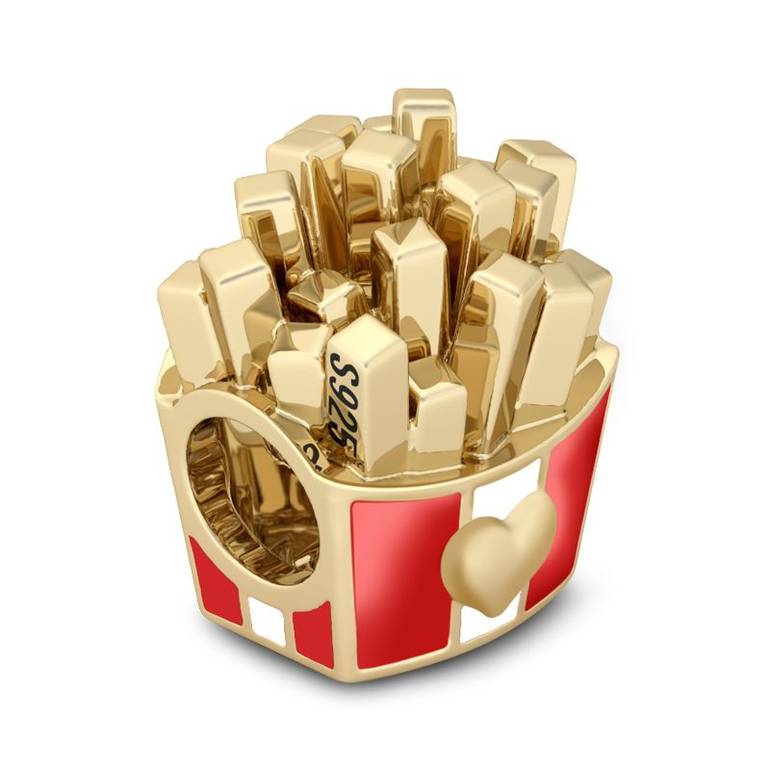 French Fries Charm 18k Yellow Gold Plated Bead with Red and White Enamel