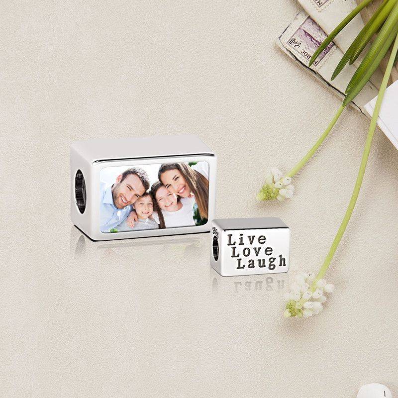 Live Love Laugh Rectangle 925 Sterling Silver Bead Charm Photo Charm
